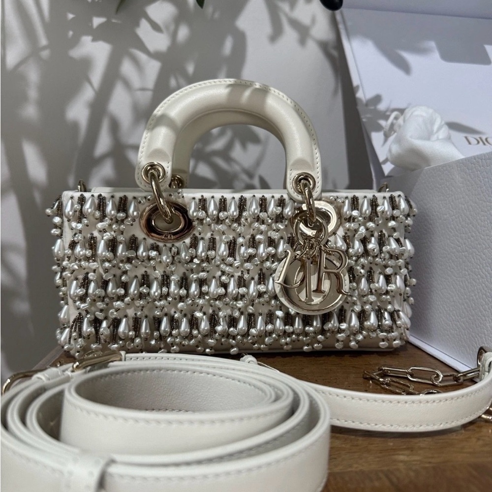 RARE AUTH Dior Lady D Joy Pearl Beaded Top Handle Bag Shoulder Crossbody Strap